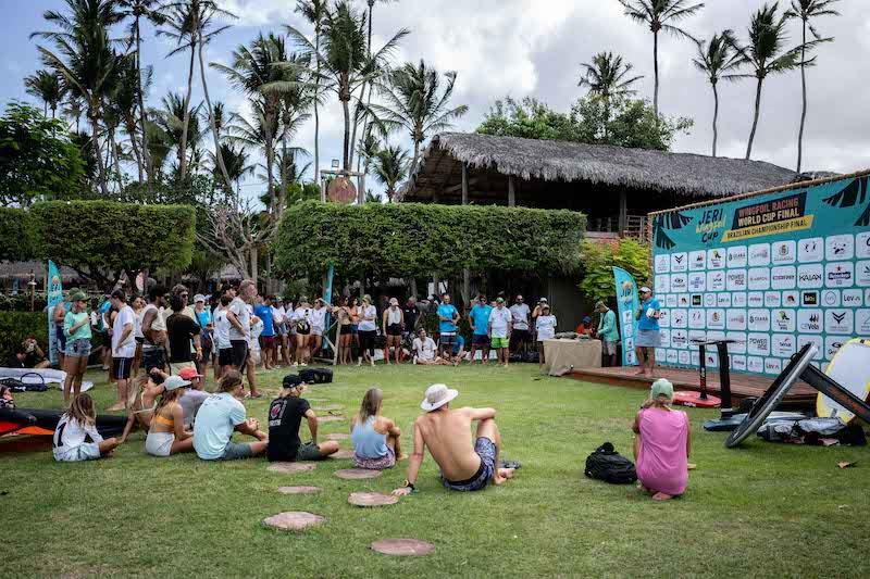 Riders getting briefed for the day's action - 2023 WingFoil Racing World Cup Brazil - photo © IWSA media