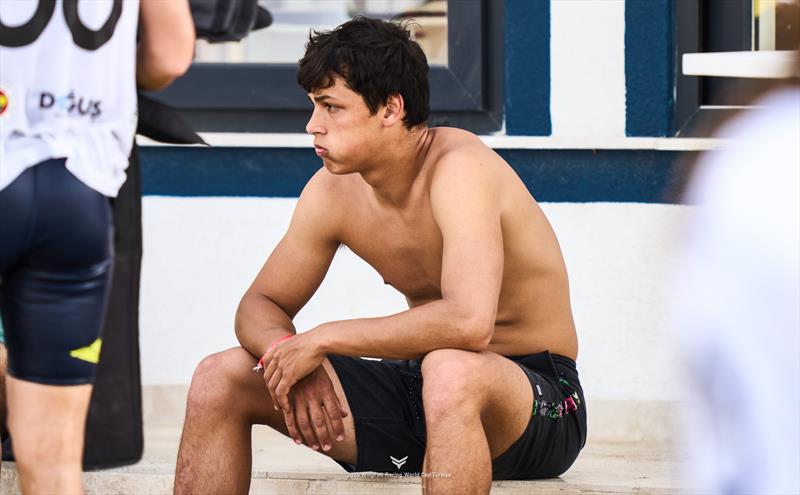 Mathis Ghio, contemplating a day of no racing - 2024 WingFoil Racing World Cup Turkiye day 1 - photo © IWSA media / Robert Hajduk