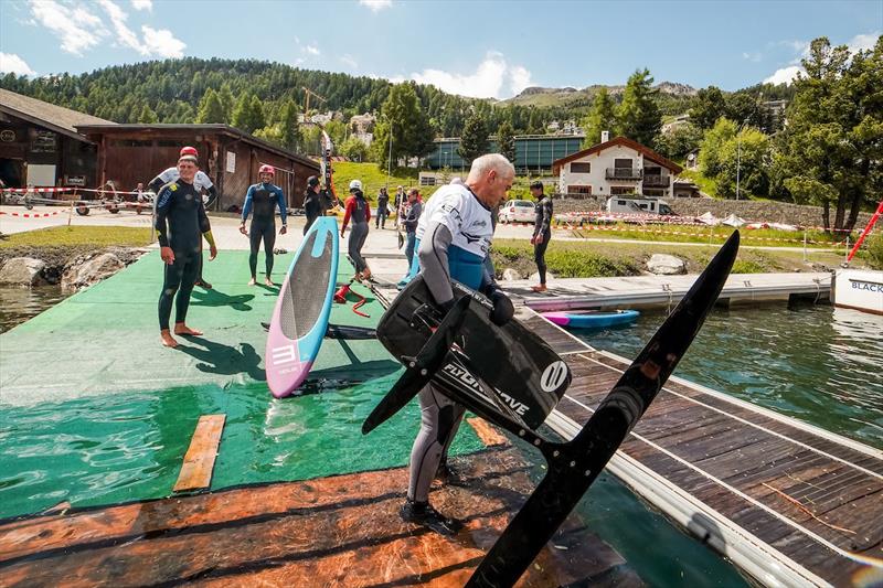 Busy pontoon as riders queue up to 'dockstart' a variety of pumpfoils. - Ensis Engadinwing 2024 Formula Wing Europeans day 3 - photo © IWSA Media / Sailing Energy