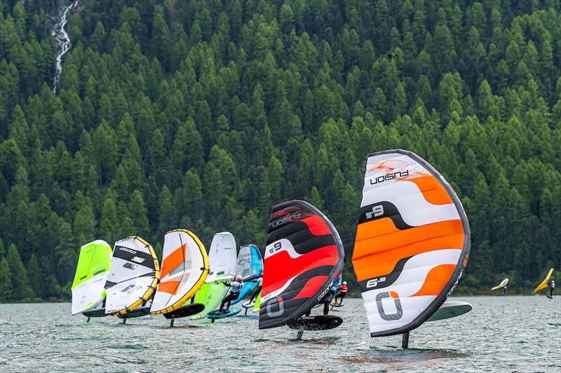 Mathis Ghio (red wing) opts for the strategic port start - Ensis Engadinwing 2024 Formula Wing Europeans photo copyright IWSA Media / Sailing Energy taken at  and featuring the Wing Foil class