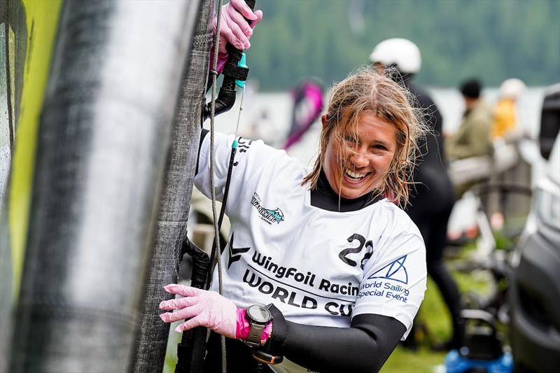Julia Repschlager laughs as she shows off her new glove innovations - Ensis Engadinwing 2024 Formula Wing Europeans photo copyright IWSA Media / Sailing Energy taken at  and featuring the Wing Foil class