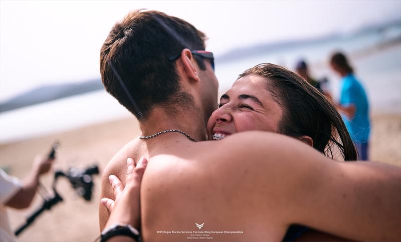 Maddalena Spanu [ITA] hugs her brother Nicolo after a hard-fought grand final - 2025 Dogus Marine Services Formula Wing European Championships - photo © IWSA media / Robert Hajduk