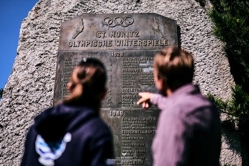 Vaina Picot [FRA] and Chris Rashley [GBR] in St Moritz' Olympic plaque - Ensis Engedinwing 2025 WingFoil Racing World Cup Switzerland - Day 3 - photo © IWSA media / Robert Hajduk