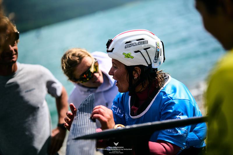 An elated Marta Monge [ITA] qualifies to the Grand Final - Ensis Engedinwing 2025 WingFoil Racing World Cup Switzerland - Day 4 photo copyright IWSA media / Robert Hajduk taken at  and featuring the Wing Foil class