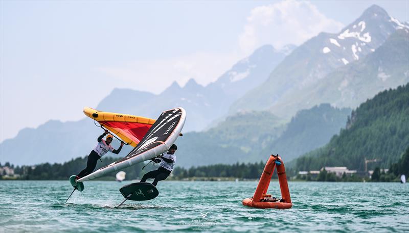 Close battles on the shade of the snowy Swiss mountain tops - Ensis Engedinwing 2025 WingFoil Racing World Cup Switzerland - Day 4 - photo © IWSA media / Robert Hajduk