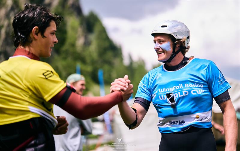 Ghio [FRA] and Manowiecki [POL] take the top two steps of the podium - Ensis Engedinwing 2025 WingFoil Racing World Cup Switzerland - photo © IWSA media / Robert Hajduk