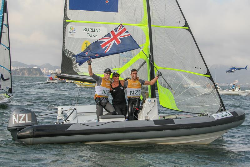 Olympic coach, Hamish Willcox celebrates the 2016 Olympic Gold Medal win in the 49er with Peter Burling and Blair Tuke, August 2016  - photo © Richard Gladwell