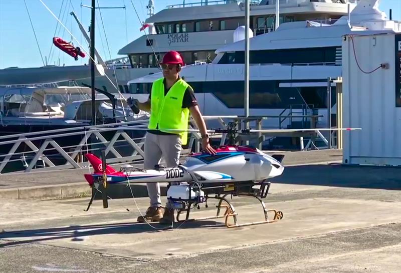 The Yamaha Air Division show off the Fazer-R unmanned helicopter suitable for covering sailing events or for AC teams to film testing - photo © Emirates Team New Zealand