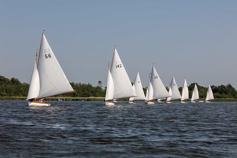 Simon and Fil Daniels in Silver Blue lead the YBOD fleet at the Keelboat Open on Barton Broad photo copyright Robin Myerscough taken at Norfolk Punt Club and featuring the Yare & Bure One Design class