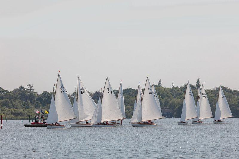 YBODs lining up for the start at the Keelboat Open on Barton Broad photo copyright Robin Myerscough taken at Norfolk Punt Club and featuring the Yare & Bure One Design class