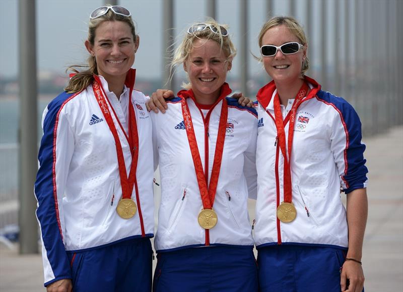(l to r) Sarah Gosling (née Webb), Sarah Ayton and Pippa Wilson at the 2008 Beijing Olympic Games photo copyright Richard Langdon / Ocean Images taken at  and featuring the Yngling class