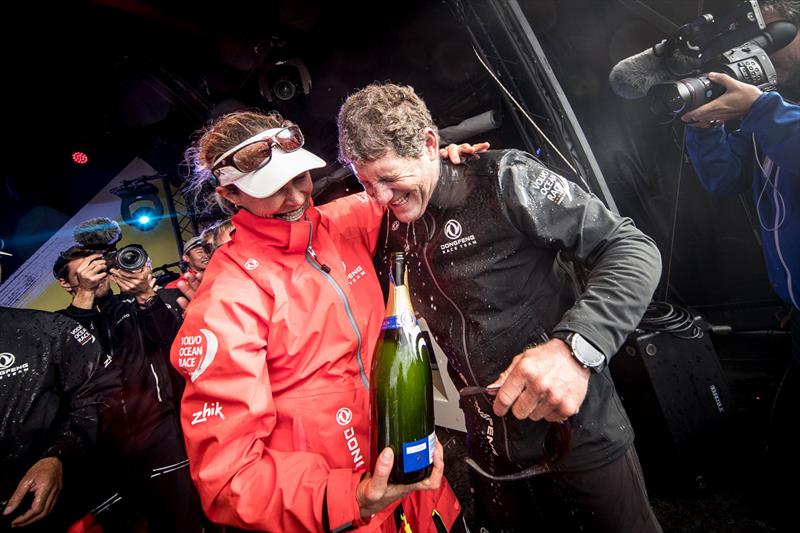 A well deserved bottle of fizz after Dongfeng Race Team celebrate winning the Volvo Ocean Race 2017-18 photo copyright Eloi Stichelbaut taken at  and featuring the  class